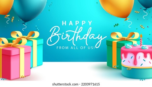 Happy birthday greeting text vector design. Birthday typography in blue space for message with colorful boxes of gifts, cake and balloons background decoration. Vector Illustration.
