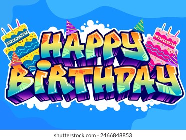 Texto de felicitación de feliz cumpleaños en estilo graffiti de Vector. Ilustración colorida del tema del arte callejero, diseño de las redes sociales, saludo, cartel con el color vibrante para el arte de la pared y el fondo