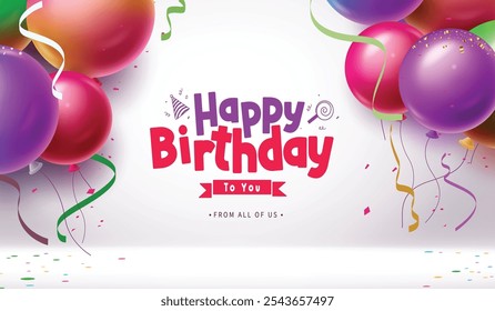 Happy birthday greeting text vector template design. Birthday greeting text with floating colorful balloons and confetti elements party decoration background clip art. Vector illustration kids 