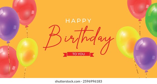 Happy birthday greeting text with vibrant balloons on a festive yellow background. Vector shiny helium balloons creating a cheerful atmosphere. 3D balloon template with customizable text space. 