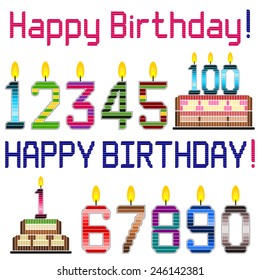 Happy birthday greeting theme design elements such as number candles, cakes and greetings.