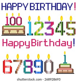 Happy birthday greeting theme design elements such as number candles, cakes and greetings.