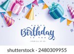 Happy birthday greeting vector background. Birthday greeting text with gift box, pennants and party hat decoration elements for invitation card design. Vector illustration card background. 
