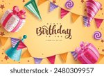 Happy birthday greeting vector background design. Birthday greeting text in yellow background with gift box, party hat, pennants and stars elements decoration. Vector illustration invitation card 