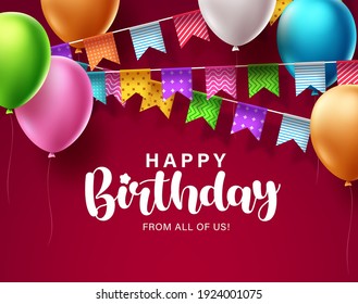 Happy Birthday Greeting Vector Background Design. Birthday Text In Red Space Background With Balloons And Pennant Elements For Party Celebrations And Decoration. Vector Illustration.