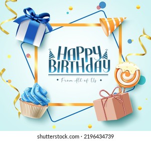 Happy birthday greeting vector background design. Happy birthday text in frame space with gifts, cupcake and lollipop elements for birth day celebration card. Vector illustration.
