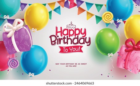 Happy birthday greeting vector background. Birthday greeting text with balloons, gift inflatable and banners streamers decoration elements for invitation card design. Vector illustration birthday 