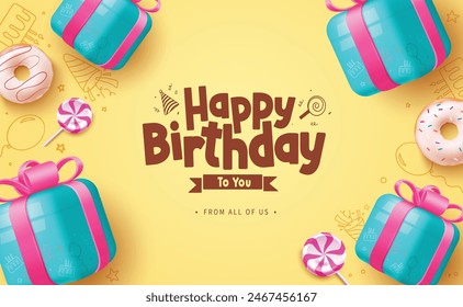 Happy birthday greeting vector background design. Birthday greeting text with blue gift box and pink ribbon elements in yellow elegant background. Vector illustration birthday card design.  
