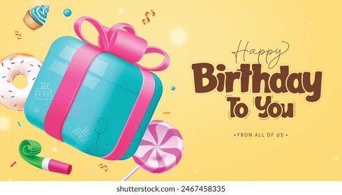 Happy birthday greeting vector background design. Birthday greeting text with blue gift box, lollipop, donut, cup cake and whistle elements decoration for elegant invitation card background. Vector 