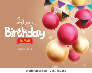 Diseño de fondo de Vector de felicitación de cumpleaños feliz. Texto de felicitación de cumpleaños con decoración de banderines, globos de fiesta rojos y amarillos Elementos para la Plantilla de la tarjeta de invitación. cumpleaños de Ilustración vectorial 