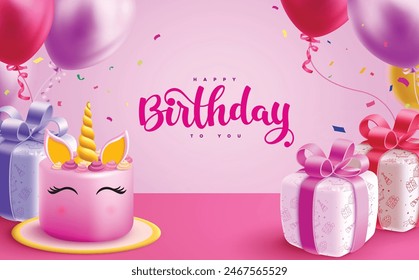 Happy birthday greeting vector background. Birthday greeting text with strawberry unicorn cake, gift boxes and balloons decoration elements in pink background. Vector illustration birthday invitation 