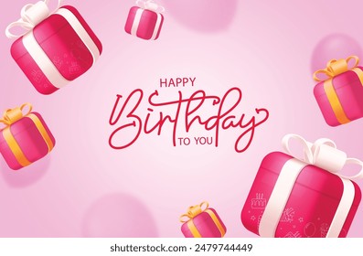 Diseño de fondo de Vector de felicitación de cumpleaños feliz. Texto de felicitación de cumpleaños con cajas de regalo y globos Elementos decoración en fondo borroso rosa para niños elegante diseño de tarjeta de invitación. Vector 