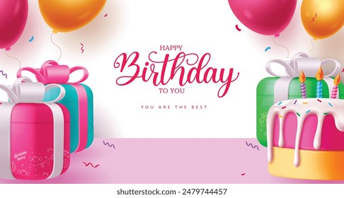 Happy birthday greeting vector background design. Birthday greeting text with colorful gift boxes, cake and balloons floating for kids invitation card design. Vector illustration birthday card 