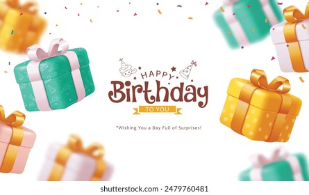 Happy birthday greeting vector background design. Birthday greeting text with gift boxes in green and yellow color surprise elements decoration in blurred background. Vector illustration invitation 