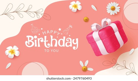 Happy birthday greeting vector background design. Birthday invitation card with pink gift box and daisy flowers elements decoration in abstract background. Vector illustration greeting card background