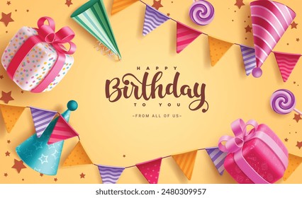 Happy birthday greeting vector background design. Birthday greeting text in yellow background with gift box, party hat, pennants and stars elements decoration. Vector illustration invitation card 