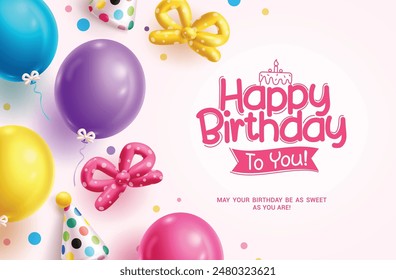 Happy birthday greeting vector background design. Birthday greeting text with colorful balloons and inflatable ribbon decoration elements. Vector illustration birth day invitation card design. 
