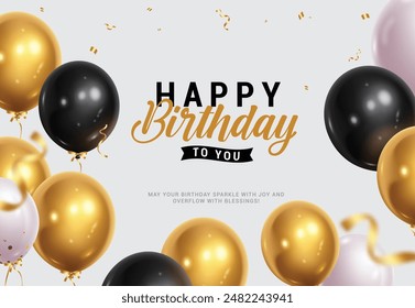 Happy birthday greeting vector background. Birthday greeting text with gold and black balloons elements decoration for invitation card template. Vector illustration birth day card design. 
