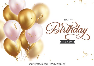 Happy birthday greeting vector background design. Birthday greeting text with bunch gold and pink balloons floating for event decoration. Vector illustration invitation card design.
