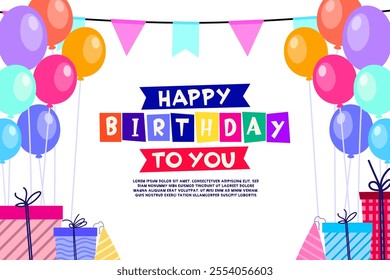 Happy birthday greeting vector background. Birthday greeting text with balloons and gift box