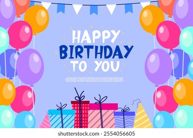 Happy birthday greeting vector background. Birthday greeting text with balloons and gift box