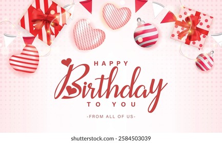 Happy birthday greeting vector background. Birthday greeting text with gift box, pennants and party hat decoration elements for invitation card design. Vector illustration card background.