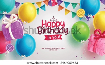 Happy birthday greeting vector background. Birthday greeting text with balloons, gift inflatable and banners streamers decoration elements for invitation card design. Vector illustration birthday 