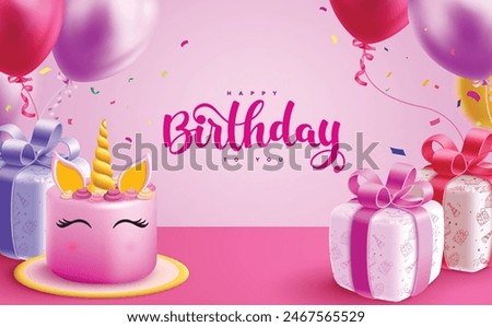 Happy birthday greeting vector background. Birthday greeting text with strawberry unicorn cake, gift boxes and balloons decoration elements in pink background. Vector illustration birthday invitation 