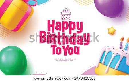 Happy birthday greeting vector background design. Birthday greeting text in white space with gift box, balloons and cake party elements decoration for kids invitation card design. Vector illustration 
