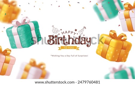 Happy birthday greeting vector background design. Birthday greeting text with gift boxes in green and yellow color surprise elements decoration in blurred background. Vector illustration invitation 