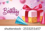 Happy birthday greeting vector banner design. Birthday greeting text with gift box in wood, party hat and confetti elements in simple background. Vector illustration birthday invitation card design.
