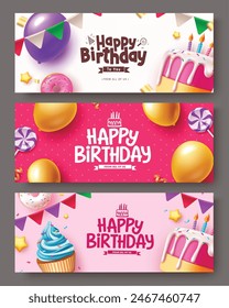 Happy birthday greeting vector banner set design. Birthday greeting text with party decoration elements for invitation card background collection. Vector illustration birthday card banner. 
