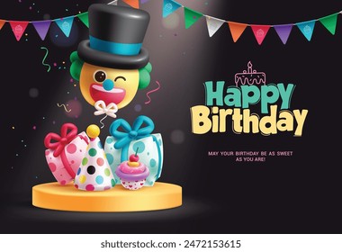 Feliz cumpleaños de felicitación de diseño de Anuncio de Vector. Texto de felicitación de cumpleaños con globos de payaso y regalo en el escenario del podio para el fondo de la tarjeta de invitación de la fiesta. Diseño de tarjeta de cumpleaños de Ilustración vectorial. 
