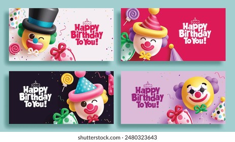 Happy birthday greeting vector banner set design. Birthday greeting text with cute clowns balloon, inflatable gifts and party hat elements for celebration cards collection. Vector illustration