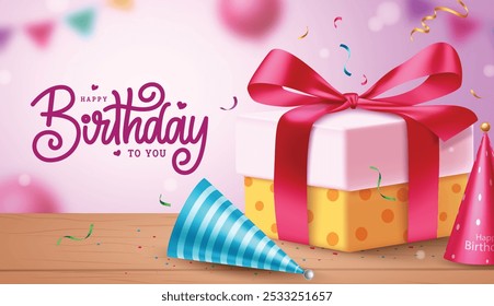 Happy birthday greeting vector banner design. Birthday greeting text with gift box in wood, party hat and confetti elements in simple background. Vector illustration birthday invitation card design.
