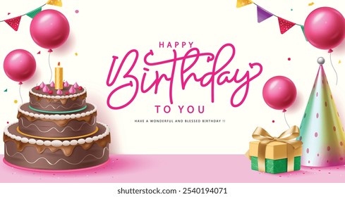 Happy birthday greeting vector banner design. Birthday greeting text with chocolate cake, party hat, balloons, confetti and pennants in festive decoration background. Vector illustration kids party 