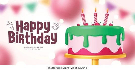 Feliz cumpleaños saludo Vector Anuncio diseño. Texto de saludo de cumpleaños con pastel, vela y aderezos de cereza para el fondo de la tarjeta de invitación de fiesta. Diseño de saludos de deseo de Ilustración vectorial. 
