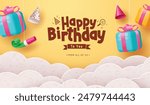 Happy birthday greeting vector design. Birthday greeting text in yellow space with gift box, party hat, whistle hanging elements and paper cut clouds background. Vector illustration birthday 