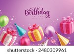 Happy birthday greeting vector design. Birthday greeting text with gift box, party hat, balloons and stars decoration elements for invitation card design. Vector illustration card template. 
