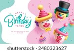 Happy birthday greeting vector design. Birthday clown balloons inflatable cup cake elements decoration in abstract background. Vector illustration invitation card design.  
