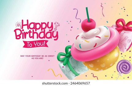 Happy birthday greeting vector design. Birthday greeting text with cup cake, gifts and lollipop balloons inflatable elements decoration for kids party celebration background. Vector illustration 