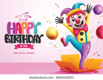 Happy birthday greeting vector design. Birthday clown character in open surprise gift box elements in happy, funny and smiling face for kids party celebration template. Vector illustration clown 