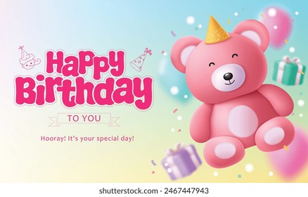 Happy Birthday Gruß Vektorgrafik Design. Geburtstags-Gruß-Text mit rosa niedlichen Teddybär und Geschenkbox für Kinder Imitation Karte Hintergrund. Vektorillustration Geburtstag Gruß Design. 
