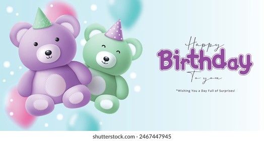 Happy birthday greeting vector design. Birthday greeting text with cute purple and green teddy bear in elegant simple background. Vector illustration birthday invitation card. 
