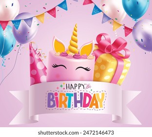 Happy birthday greeting vector design. Birthday greeting text with unicorn cake, party hat and gift box decoration elements for kids invitation card background. Vector illustration birthday greeting 