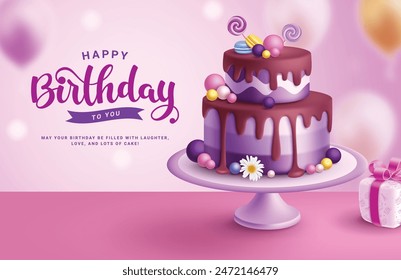 Happy birthday greeting vector design. Birthday greeting text with blueberry cake in two layers for party purple theme background. Vector illustration birthday invitation card design. 
