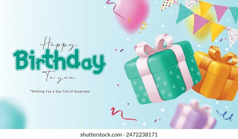 Happy birthday greeting vector design. Birthday greeting text with gift boxes, confetti and pennants decoration elements for invitation card background. Vector illustration birthday card design.  
