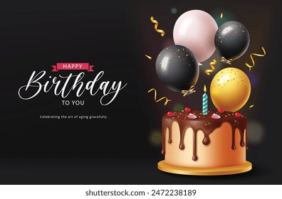 Happy birthday greeting vector design. Birthday greeting text with chocolate cake, balloons and confetti decoration elements for party invitation card design. Vector illustration birthday card 