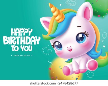 Diseño de Vector de felicitación de cumpleaños feliz. Texto de felicitación de cumpleaños con lindo y encantador personaje de unicornio y globos Elementos de decoración para niños fondo de fiesta. Diseño de tarjeta de cumpleaños de Ilustración vectorial. 
