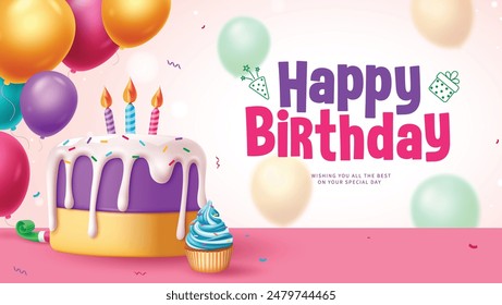 Happy birthday greeting vector design. Birthday greeting text with cake, cupcake and colorful balloons decoration elements for party invitation card background. Vector illustration birthday card